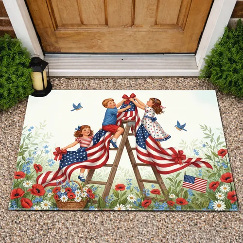 Children Hanging American Flags Wildflowers - Independence Day Gift for Veterans Doormat