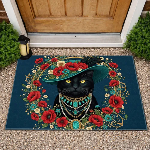 Regal Black Cat Teal Hat Gemstones Gold Frame Poppies - Home Decor Gift for Cat Lover Doormat