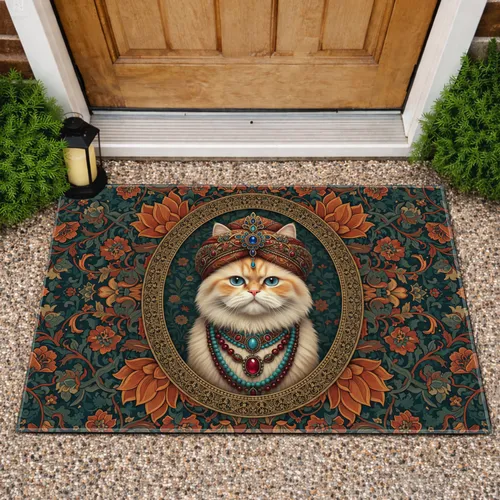 Fluffy Cat Jeweled Turban Ornate Lotus - Home Decor Gift for Cat Lover Doormat