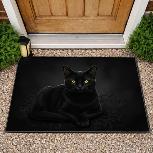 Curled Reclining Black Cat Golden Eyes Portrait - Home Decor Gift for Cat Lovers Doormat
