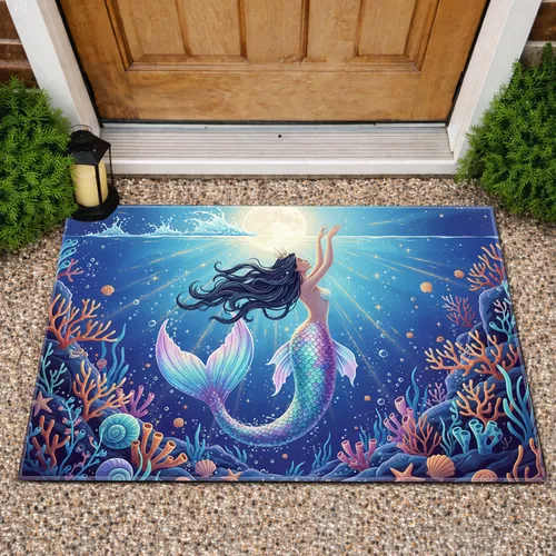 Iridescent Mermaid Tail Full Moon Ocean Twilight - Home Decor Gift for Ocean Lover Doormat