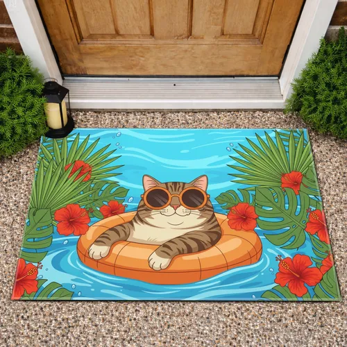 Tabby Cat Orange Sunglasses Tropical Leaves Summer Home Decor Gift for Cat Lover Doormat