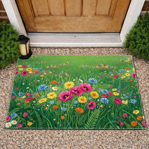 Fuchsia Yellow Blue Orange Wildflower Meadow Foliage - Home Decor Gift for Garden Lover Doormat