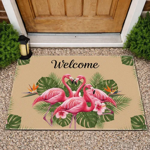 Pink Flamingos Tropical Welcome Script Botanical - Home Decor Gift for Flamingo Lover Doormat