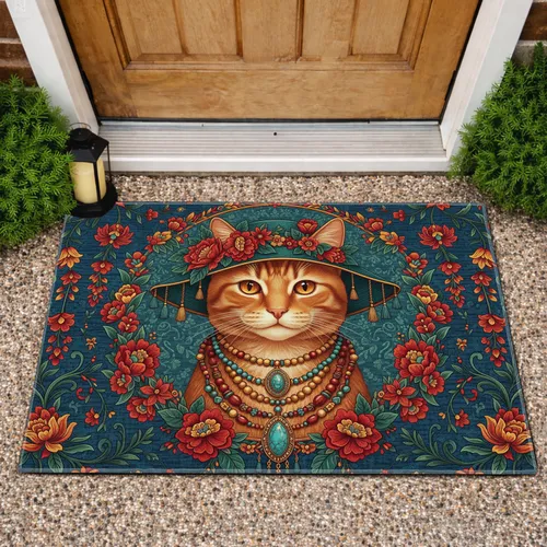 Ginger Tabby Cat Ornate Floral Hat - Boho Home Decor Gift for Cat Lover Doormat