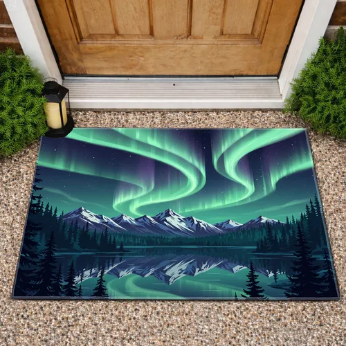 Aurora Borealis Northern Lights Starry Sky Mountain Lake Forest - Home Decor Gift Doormat