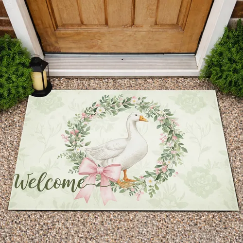 White Goose Botanical Wreath Welcome Script - Rustic Farmhouse Home Decor Gift Doormat