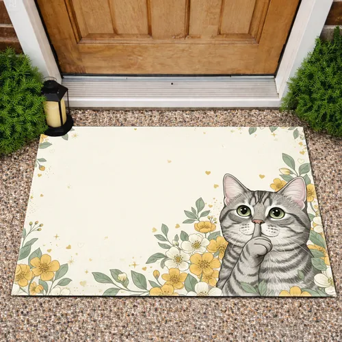 Grey Tabby Cat Shush Floral Starbursts - Cat Lover Home Decor Gift Doormat