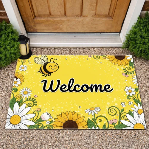 Bee Welcome Daisy Sunflower Floral Garden - Everyday Home Decor Gift Doormat
