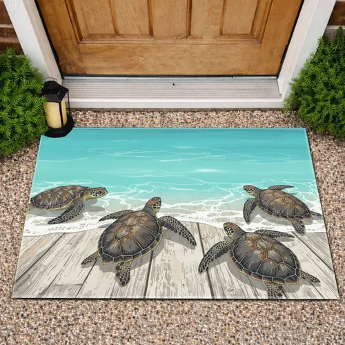 Four Sea Turtles Ocean Wood Beach Horizon - Home Decor Gift for Coastal Lover Doormat
