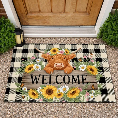 Highland Cow WELCOME Sign Wildflowers - Farmhouse Home Decor Gift for Cow Lover Doormat