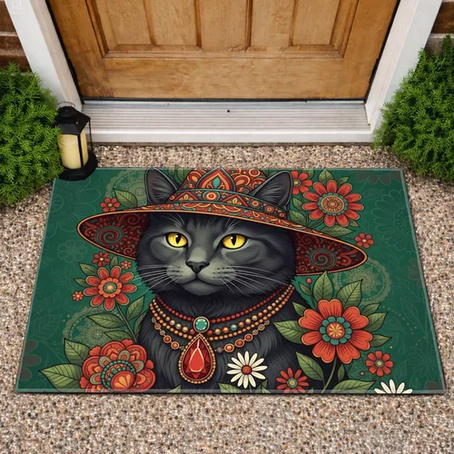 Dark Grey Cat Ornate Hat Folk Art Flowers - Home Decor Gift for Cat Lover Doormat