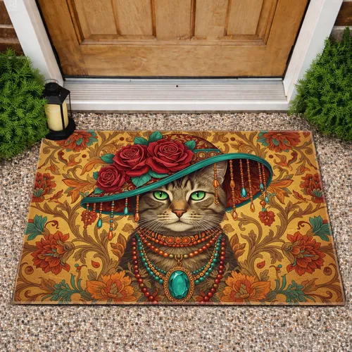 Tabby Cat Ornate Hat Floral Scrollwork Boho - Home Decor for Cat Lovers Doormat
