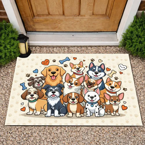 Happy Cartoon Dog Breeds Paw Prints - Home Decor Gift for Dog Lovers Doormat