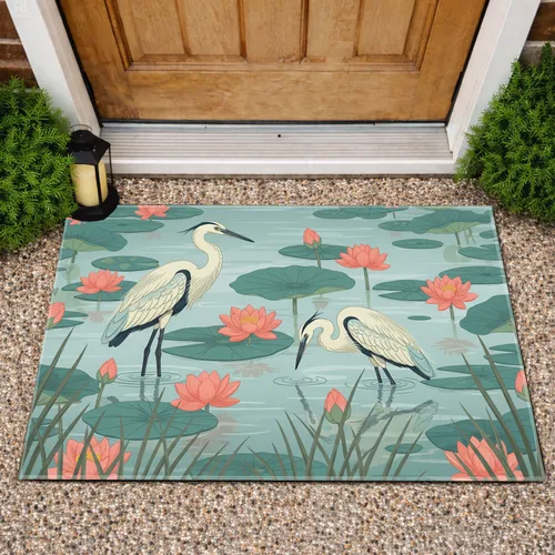 Two Wading Herons Coral Lotus Lily Pads Pond Reeds - Nature Lover Home Decor Gift Doormat