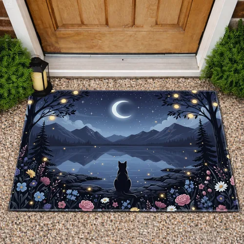 Black Cat Night Lake Wildflowers Fireflies - Cat Lover Home Decor Gift Doormat