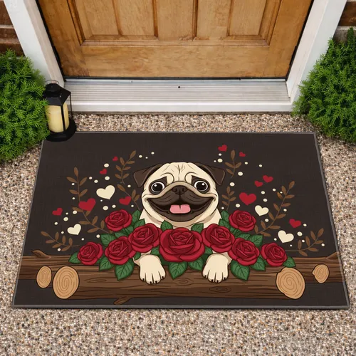 Fawn Pug Red Roses Wooden Logs Hearts - Home Decor Gift for Dog Lovers Doormat