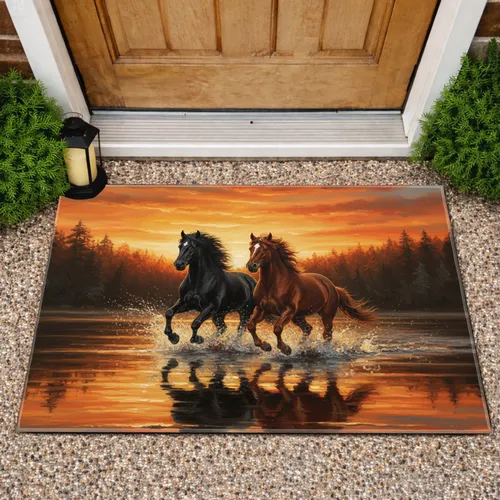 Wild Horses Galloping Sunset Water - Wildlife Home Decor Gift for Horse Lover Doormat