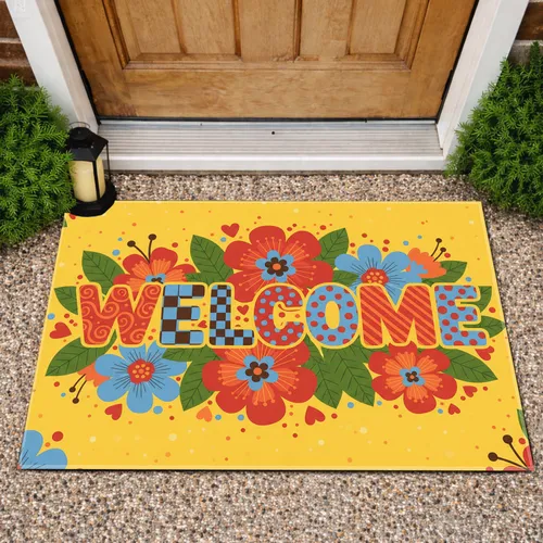 WELCOME Letters Flowers Leaves Hearts Dots - Home Decor Gift Doormat