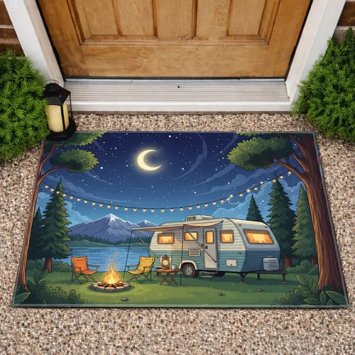 RV Camper Campfire Mountain Lake Night Sky - Adventure Home Decor Gift Doormat