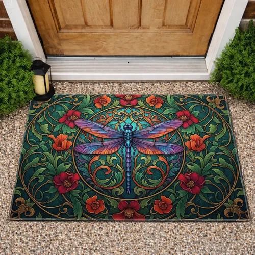 Dragonfly Flowers Scrollwork Medallion - Wildlife Lover Home Decor Gift Doormat