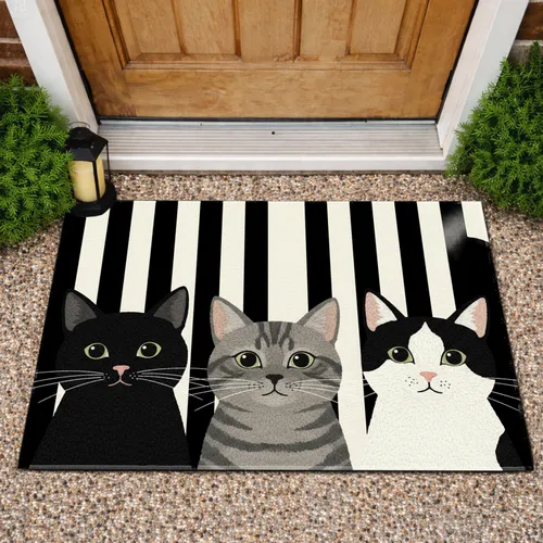 Cat Trio Cream Black Vertical Stripes - Home Decor Gift for Cat Lover Doormat