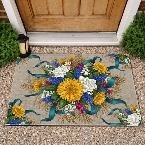 Yellow Gerbera Daisies Blue Hyacinths Floral - Home Decor Gift for Plant Lover Doormat