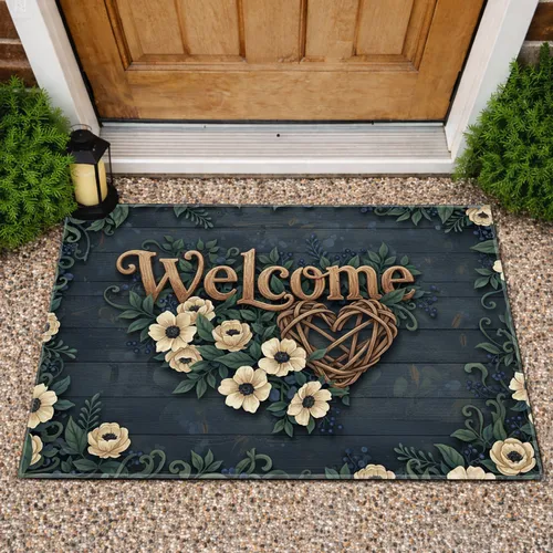 Welcome Wooden Text Rustic Heart Floral - Farmhouse Home Decor Gift Doormat
