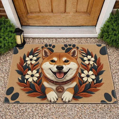 Shiba Inu Paw Print Flower Leaves Home Decor Gift for Dog Lovers Doormat