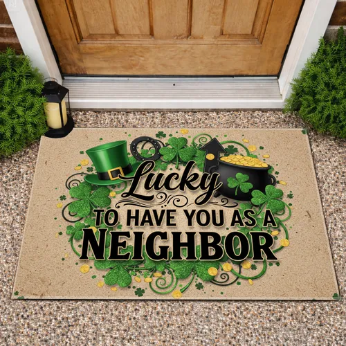 Lucky Neighbor Leprechaun Hat Shamrocks Horseshoe - St Patrick's Day Decor Doormat