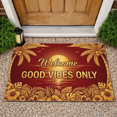 Welcome Good Vibes Only Sun Palm Tropical Flowers - Home Decor Gift Doormat