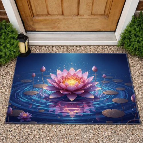 Luminous Pink Purple Lotus Flower Water Lily Gold Glow - Home Decor Gift Doormat