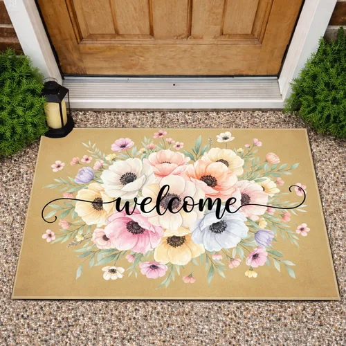Welcome Script Poppy Anemone Floral Foliage Aged Parchment - Home Decor Gift Doormat