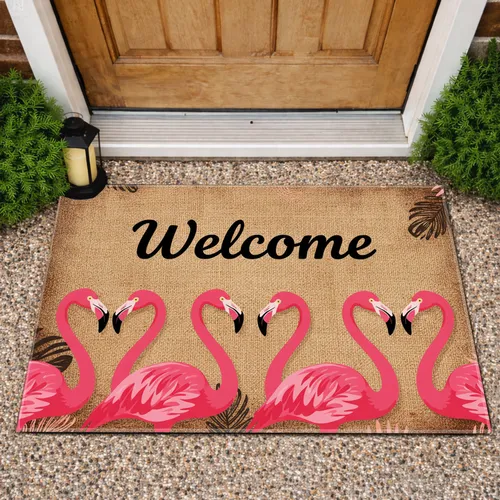 Pink Flamingos Welcome Text - Summer Entryway Home Decor Gift Doormat