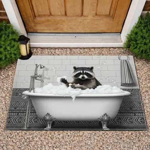 Fluffy Raccoon Vintage Clawfoot Bathtub Bubbles Geometric - Home Decor Gift Doormat