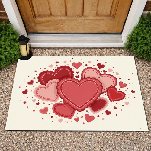 Crimson Rose Pink Scalloped Overlapping Hearts Fabric Folk Art - Everyday Home Decor Gift Doormat