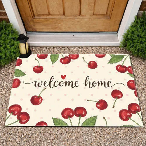 Welcome Home Heart Red Cherries Green Leaves Pink Polka Dots - Everyday Home Decor Gift Doormat