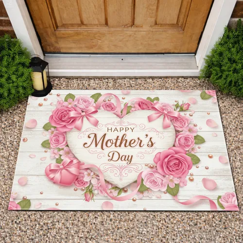 Happy Mother's Day Heart Wood Plaque Pink Roses Ribbons - Mother's Day Gift for Mom Doormat