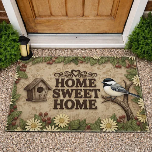 Home Sweet Home Birdhouse Chickadee Floral - Farmhouse Home Decor Gift Doormat