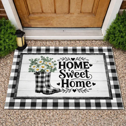 HOME Sweet Home Buffalo Plaid Rain Boots Daisies - Farmhouse Home Decor Gift Doormat