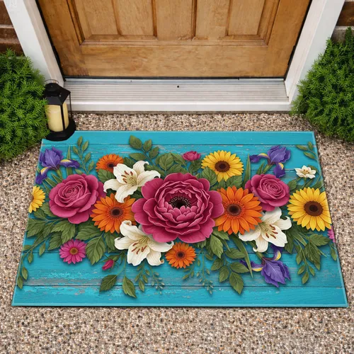 Flowers Green Leaves Teal Wood Plank - Home Decor Gift for Garden Lover Doormat