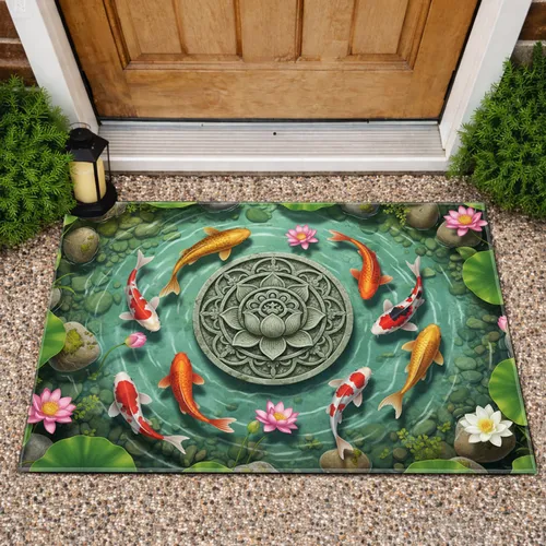 Koi Fish Lotus Medallion Pond Lily Pads River Rocks - Home Decor Gift for Koi Lovers Doormat