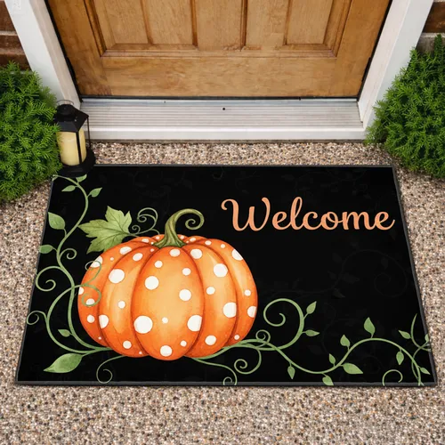 Plump Orange Polka Dot Pumpkin Green Leaf Welcome - Autumn Entryway Decor Doormat
