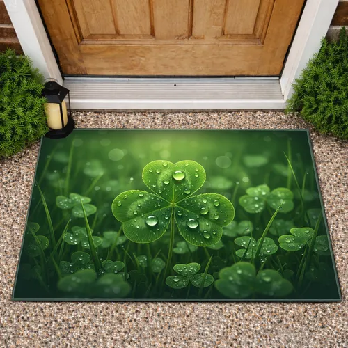 Glistening Four-Leaf Clover Water Droplets - Good Luck Home Decor Gift Doormat