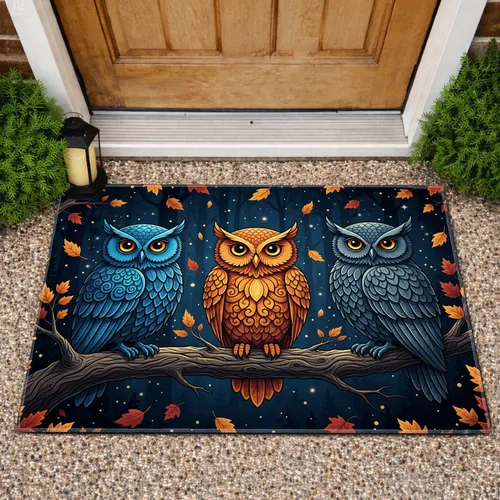 Ornate Owls Forest Branch Autumn Leaves - Wildlife Lover Gift Doormat