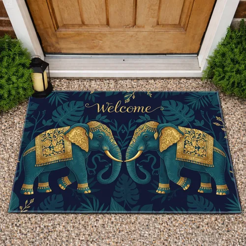 Adorned Elephants Welcome Gold Tropical Foliage - Home Decor Gift for Elephant Lovers Doormat