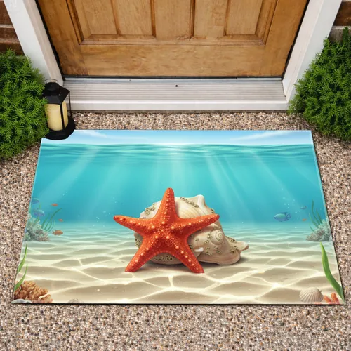 Orange-Red Starfish Conch Shell Tropical Sea - Coastal Home Decor Gift Doormat