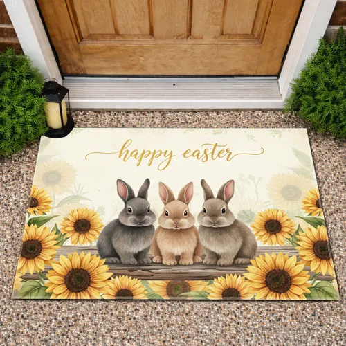 Baby Bunnies Wooden Plank Sunflowers - Easter Celebration Decor Doormat