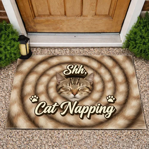 Sleeping Tabby Cat 'Shh, Cat Napping' with Paw Prints - Home Decor Gift for Cat Lover Doormat