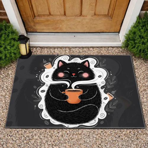 Fluffy Black Cat Orange Mug Swirling Steam - Home Decor Gift for Coffee Lover Doormat